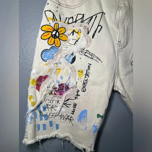 First Row Men Denim Shorts Sz 38 Hand Painted Distressed Boro Stitch 10” Inseam - Picture 3 of 10